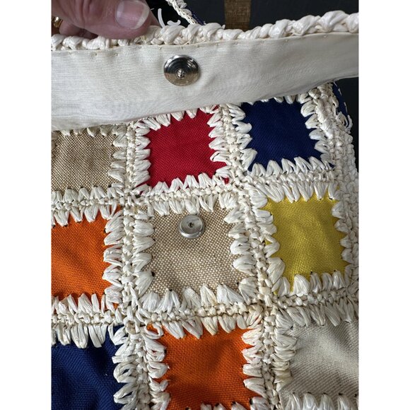 1960s raffia purse with colorful patchwork and wood accent by Craig Scot Made in - Picture 7 of 10